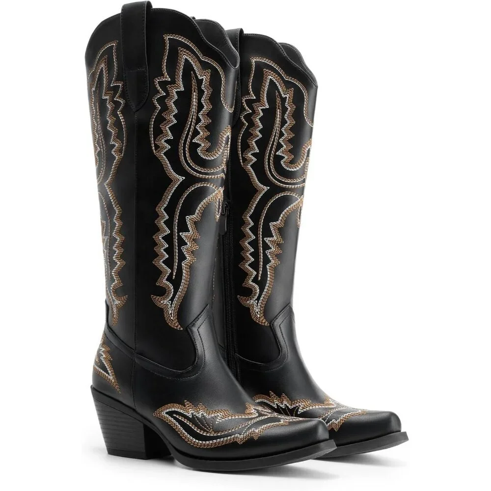 Women's Black Square Toe Comfortable Side Zipper Tall Cowboy Knee High Boots
